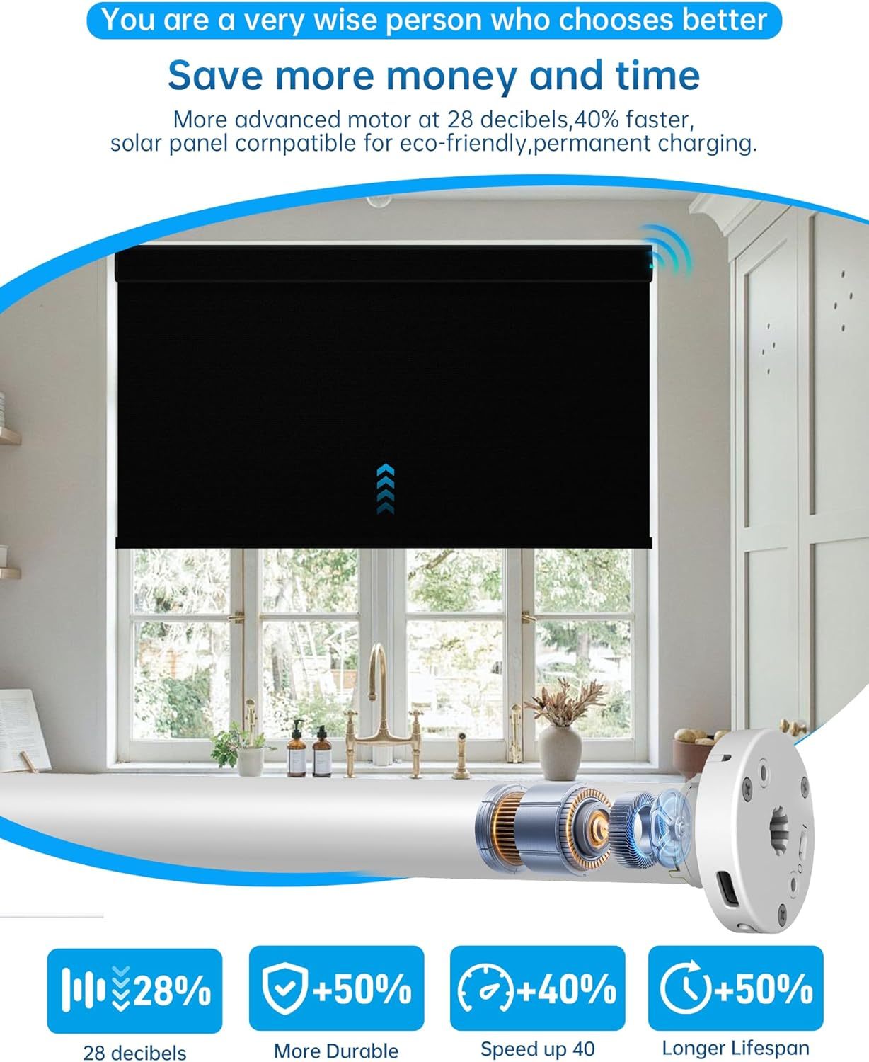 Motorized Blinds with Remote, Blackout Smart Blinds for Windows Motorized Roller Shades, Automatic Window Blinds Compatible with Alexa Electric Blinds