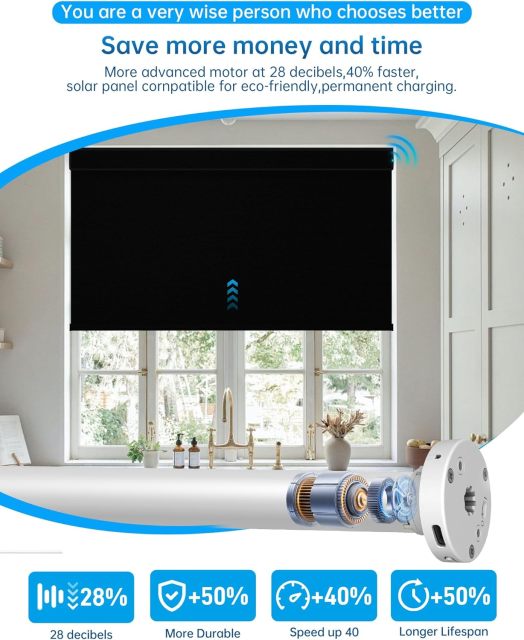 Motorized Blinds with Remote, Blackout Smart Blinds for Windows Motorized Roller Shades, Automatic Window Blinds Compatible with Alexa Electric Blinds