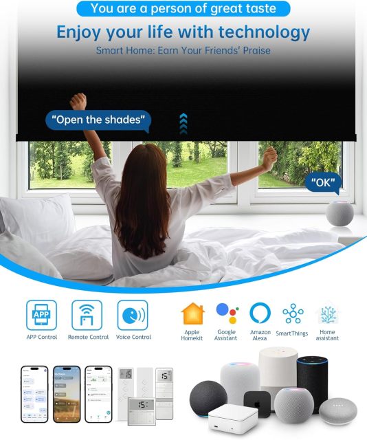 Motorized Blinds with Remote, Blackout Smart Blinds for Windows Motorized Roller Shades, Automatic Window Blinds Compatible with Alexa Electric Blinds