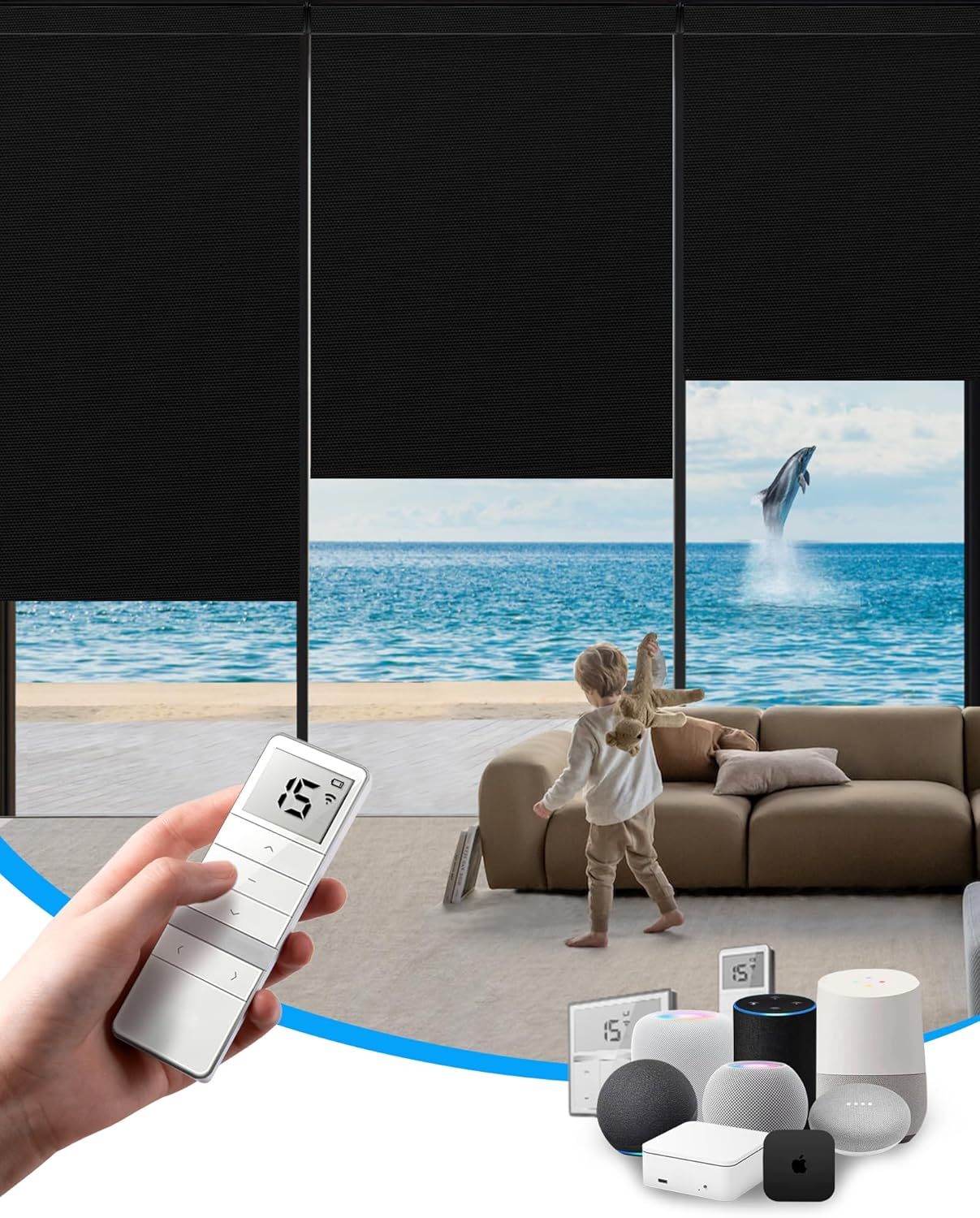 Motorized Blinds with Remote, Blackout Smart Blinds for Windows Motorized Roller Shades, Automatic Window Blinds Compatible with Alexa Electric Blinds