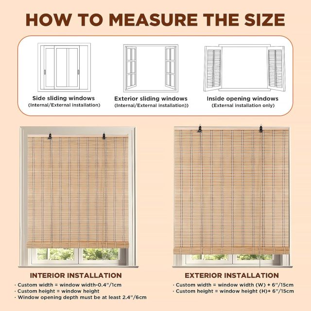Outdoor Bamboo Roller Shades Roman Shades for Window Bamboo Blinds for Interior Windows and Outdoor Patio,Roll Up Blinds for Indoor Porch Light Filtering Sunshade,Easy to Install
