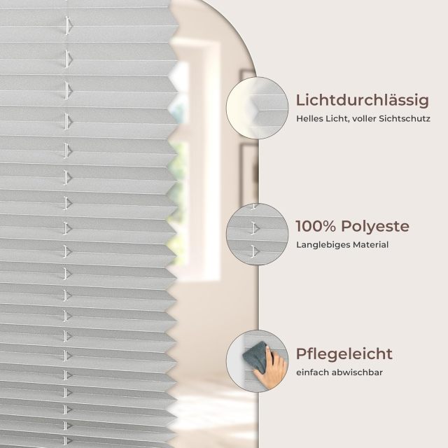 Pleated Blind, Klemmfix, No Drilling, White, 40 x 130 cm (W x H), Translucent, Opaque, Window Blind, Clamping Roller Blind, Sun and Privacy Protection, Folding Blind for Windows