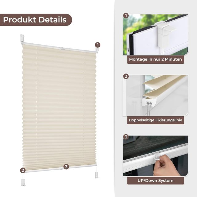 Low Factrory Price Custom Pleated Blinds - Individual Pleated Blinds with Drilling or No Drilling  - Semi-Transparent - Width 30-170 cm, Height 20-240 cm - Translucent Window Blinds