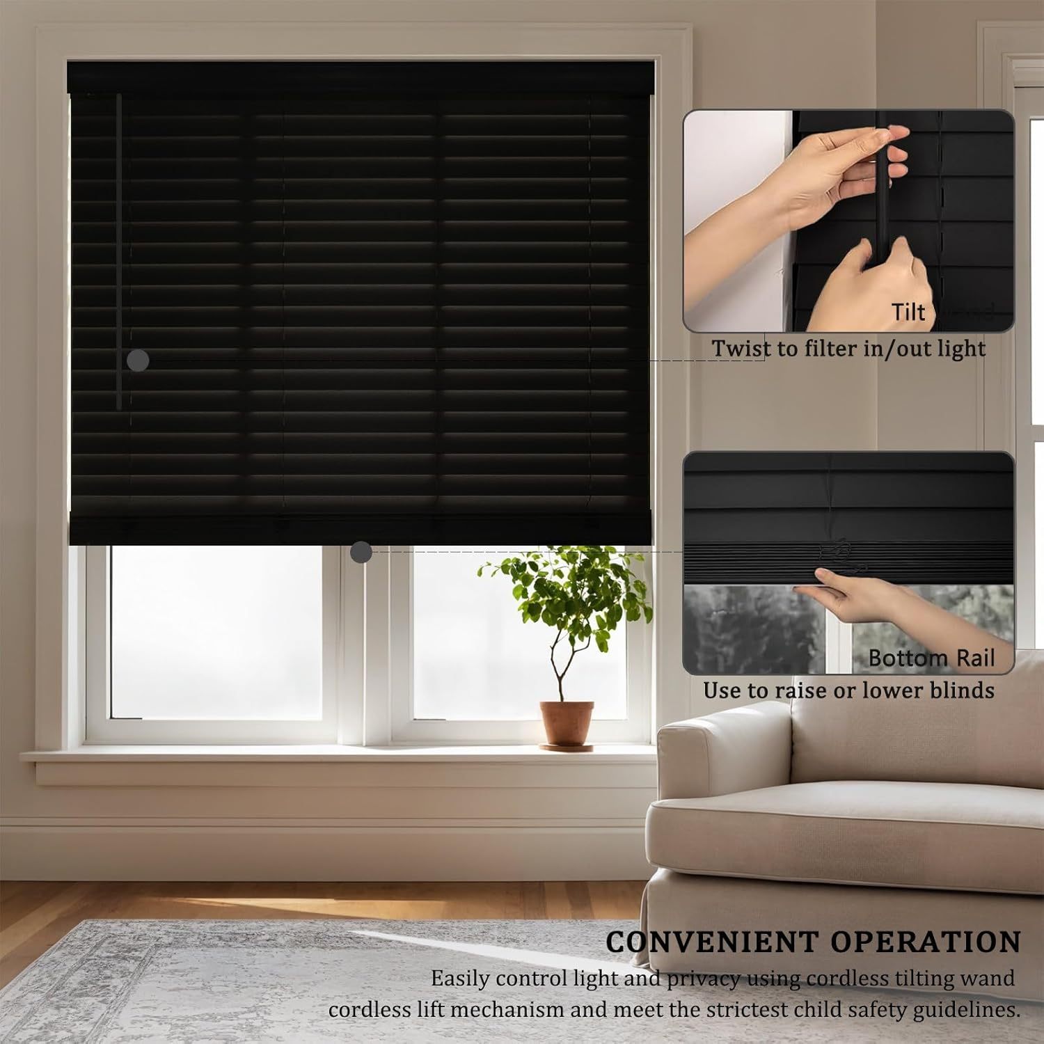 2" Vinyl Cordless Faux Wood Blinds for Home, for Window Office