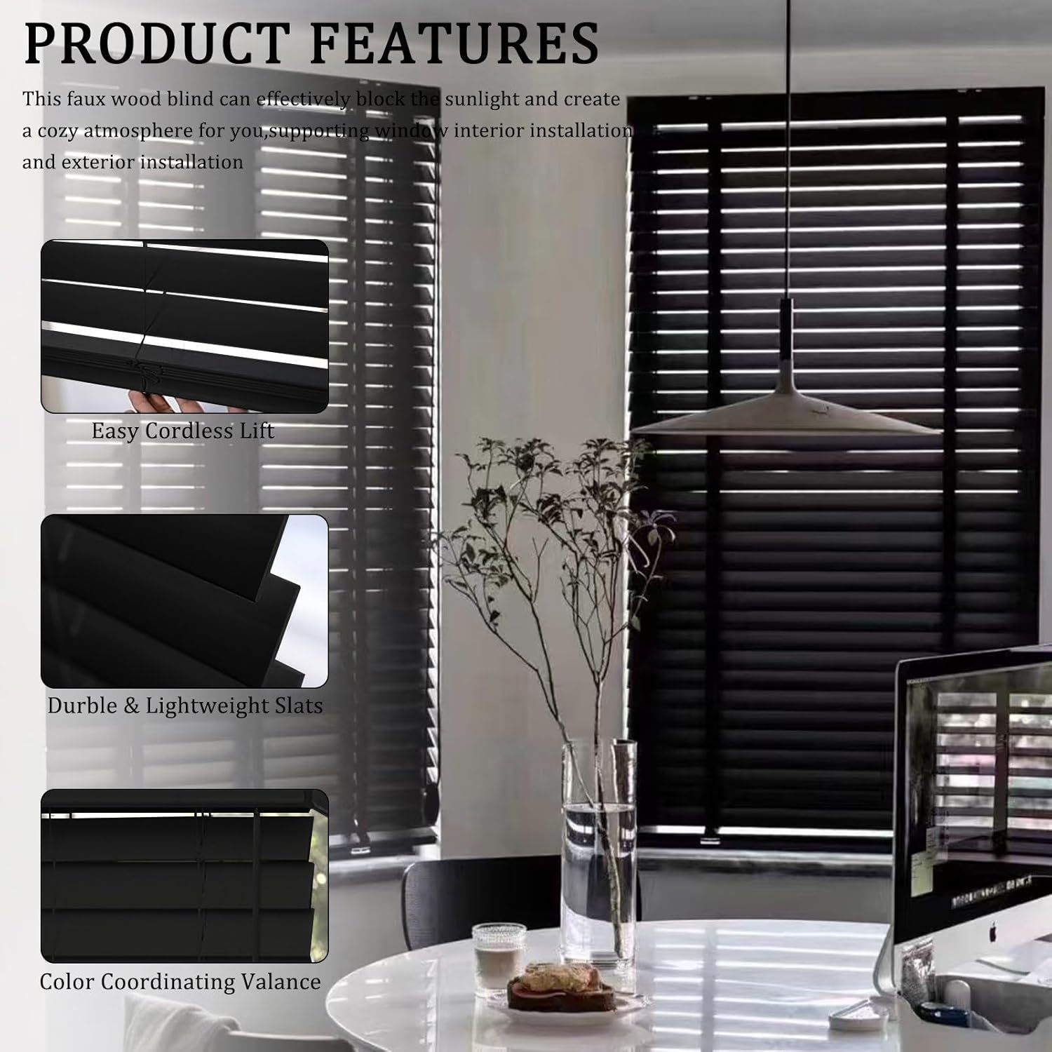 2" Vinyl Cordless Faux Wood Blinds for Home, for Window Office