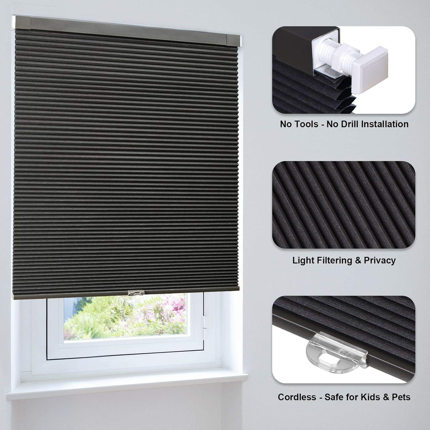 No Drilling Cordless Honeycomb Blinds, Daylight Cellular Window Shades, Light Filtering Privacy Protection Blinds for Home Office