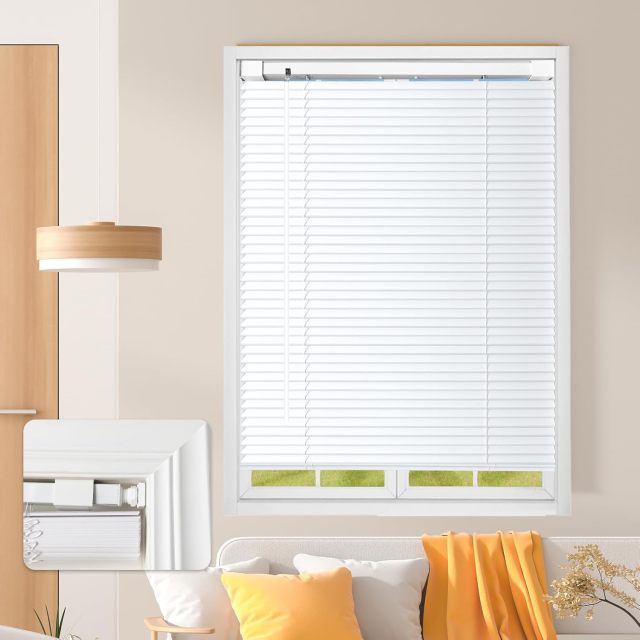 No Tools No Drill Cordless 1" Vinyl Mini Blinds, 100% Blackout Blinds for Indoor Windows Room Darkening Privacy Window Blinds and Shades for Interior