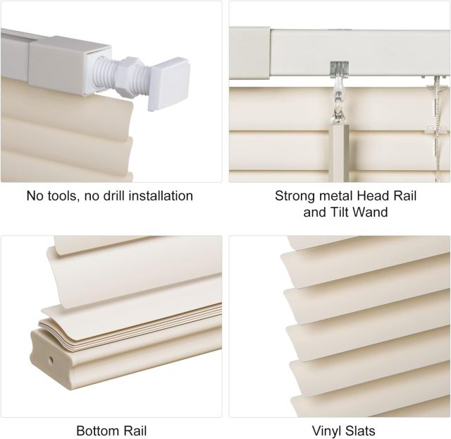 No Tools No Drill Cordless 1" Vinyl Mini Blinds, 100% Blackout Blinds for Indoor Windows Room Darkening Privacy Window Blinds and Shades for Interior