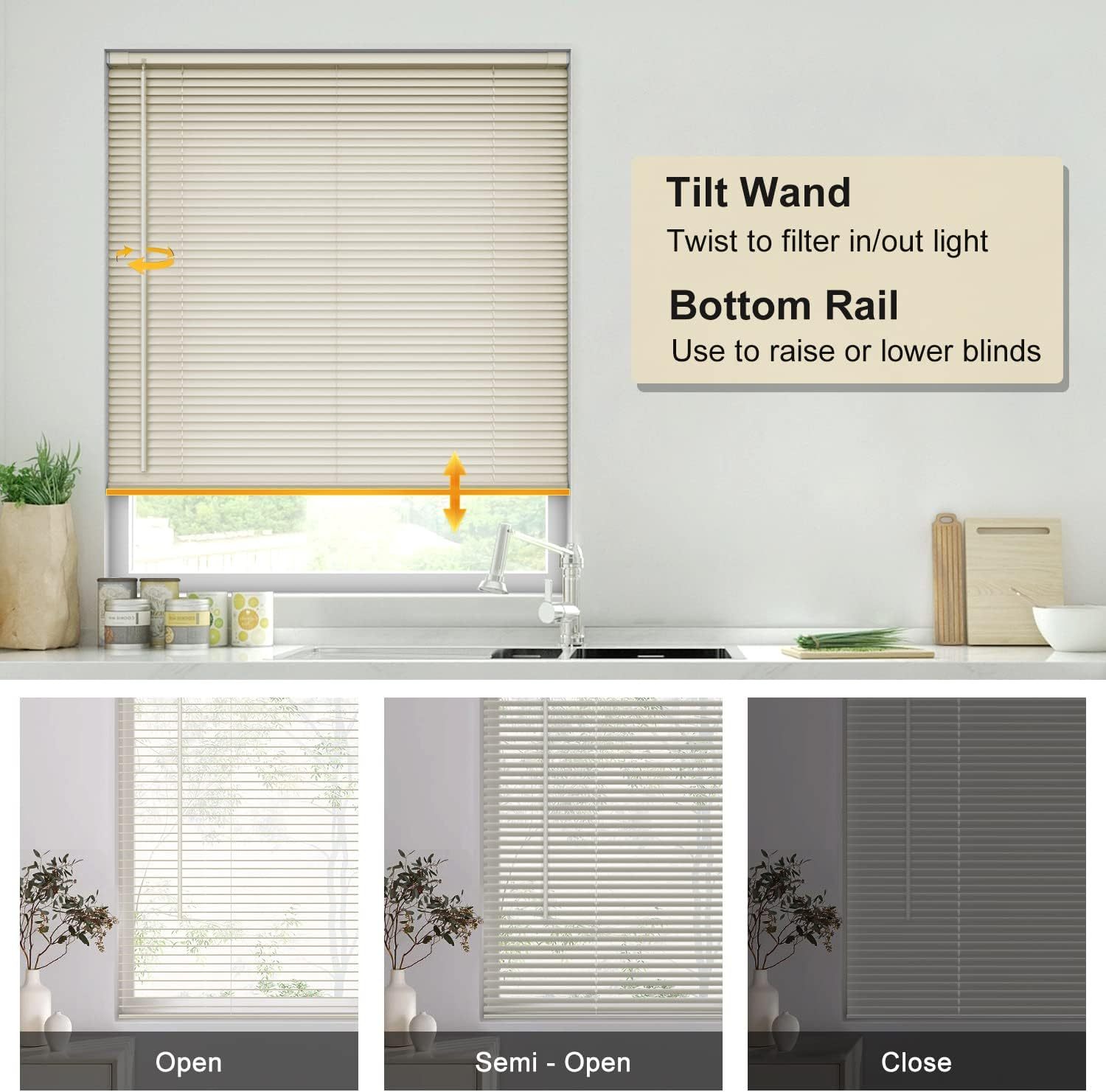 No Tools No Drill Cordless 1" Vinyl Mini Blinds, 100% Blackout Blinds for Indoor Windows Room Darkening Privacy Window Blinds and Shades for Interior