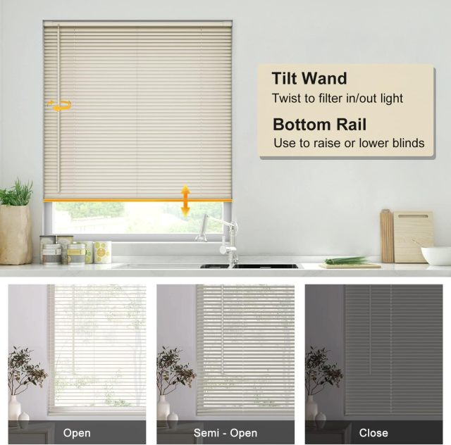 No Tools No Drill Cordless 1" Vinyl Mini Blinds, 100% Blackout Blinds for Indoor Windows Room Darkening Privacy Window Blinds and Shades for Interior