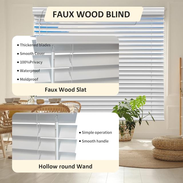 2" Vinyl Cordless Faux Wood Blinds for Home, for Window Office