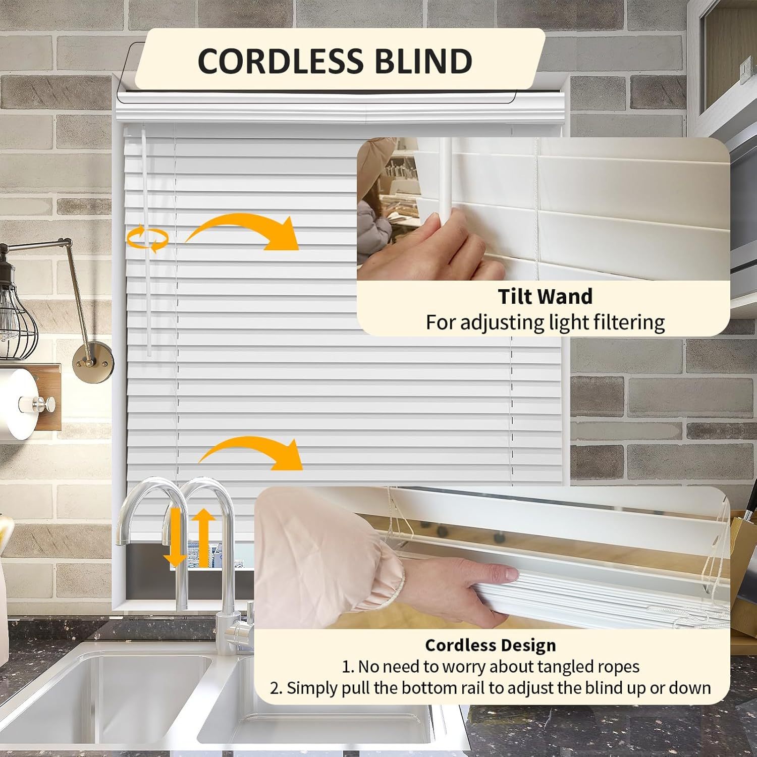 2" Vinyl Cordless Faux Wood Blinds for Home, for Window Office