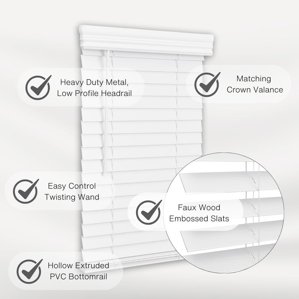 2" Vinyl Cordless Faux Wood Blinds for Home, for Window Office