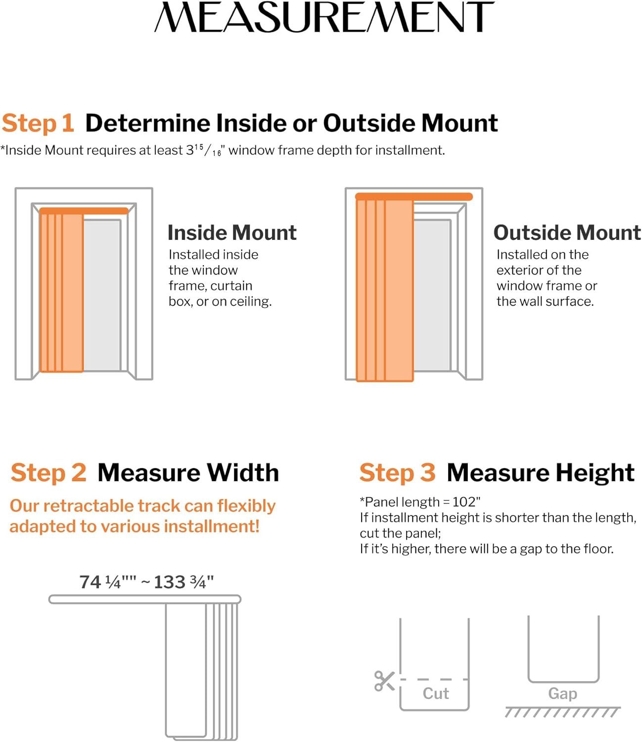 Adjustable Panel Track Blinds Blackout Vertical Blinds, Retractable Track from70 to 133" W, Trimmable Panel Up to 102" H