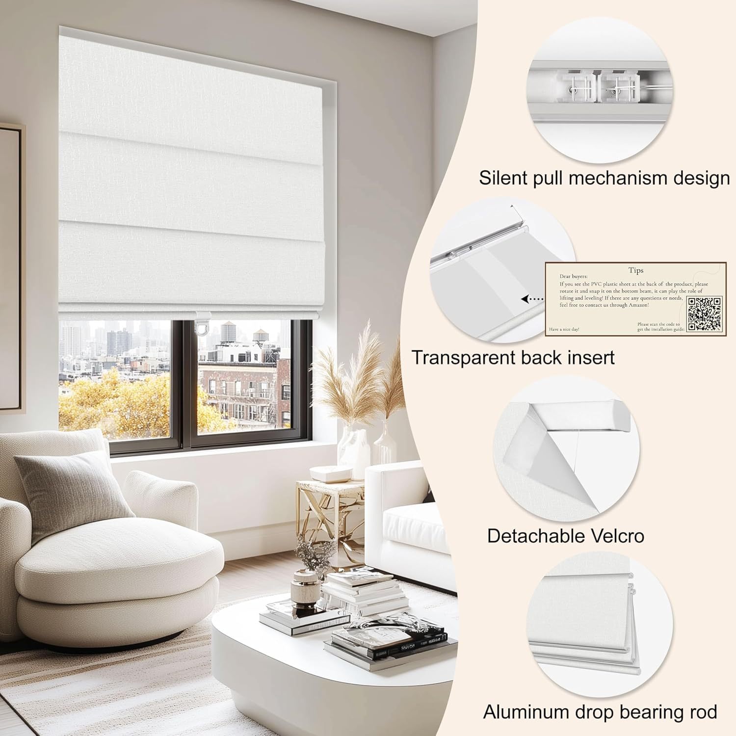 Cordless Roman Shades for Windows - Custom Size Off-White, Blackout Roman Shades Fabrics, Roman Blind for UV Protection Thermal Insulation for Bedroom, Living Room, Office