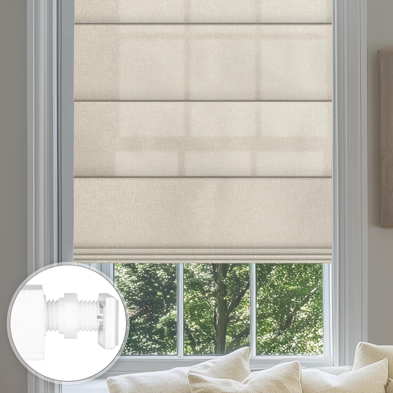 No Drill Roman Shades for Windows No Tools Roman Shades, UV Protection, Privacy, Thermal Insulation Roman Blinds, Easy to Install, 70％Blackout-Beige Custom Size