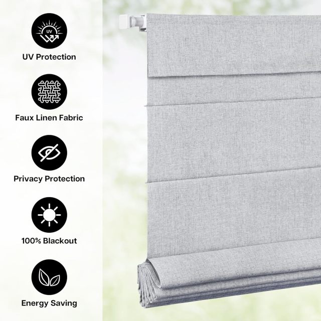 Black out No Drill Roman Shades for Windows, Cordless Blackout Window Shades with UV Protection, Polyester Fabric for Bedroom & Living Room