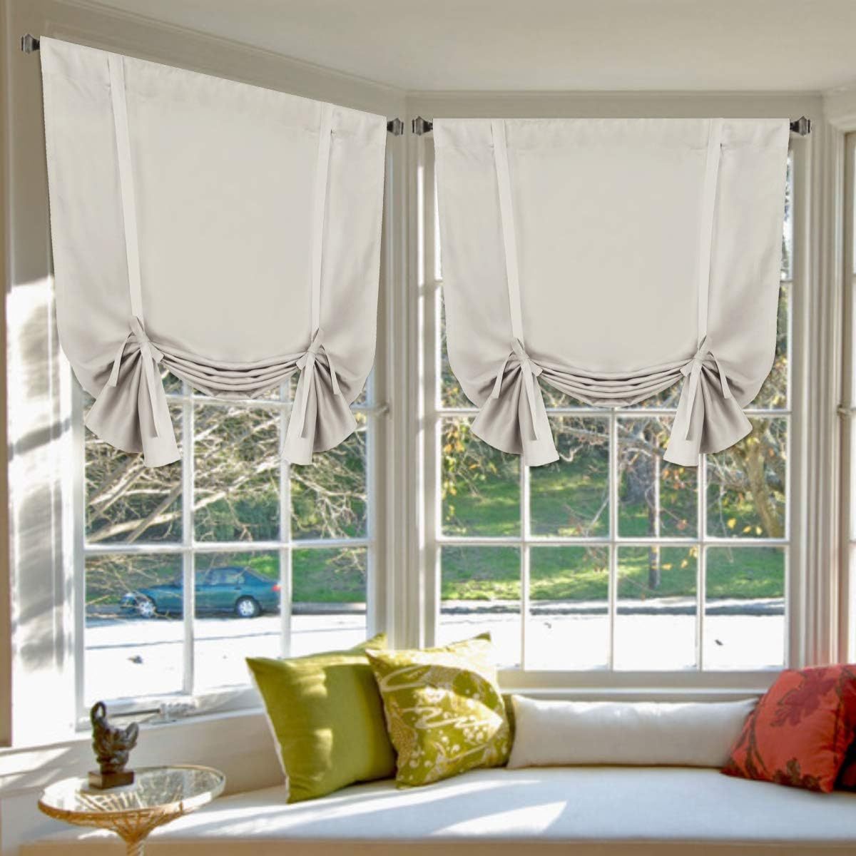 Blackout Curtain Balloon Tie Up Curtains for Kitchen Windows Rod Pocket Curtain Panel  Room Darkening Ivory/Cream 42 inches W x 63 inches