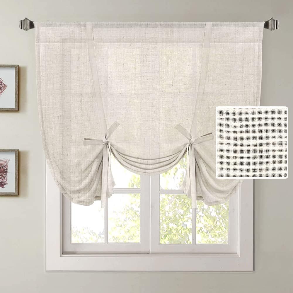 Tie Up Linen Curtains 63 Inch Length Nature Linen Textured Privacy Curtain Multi Hanging Ways Shade Balloon Window Shade Rod Pocket Casual Curtain