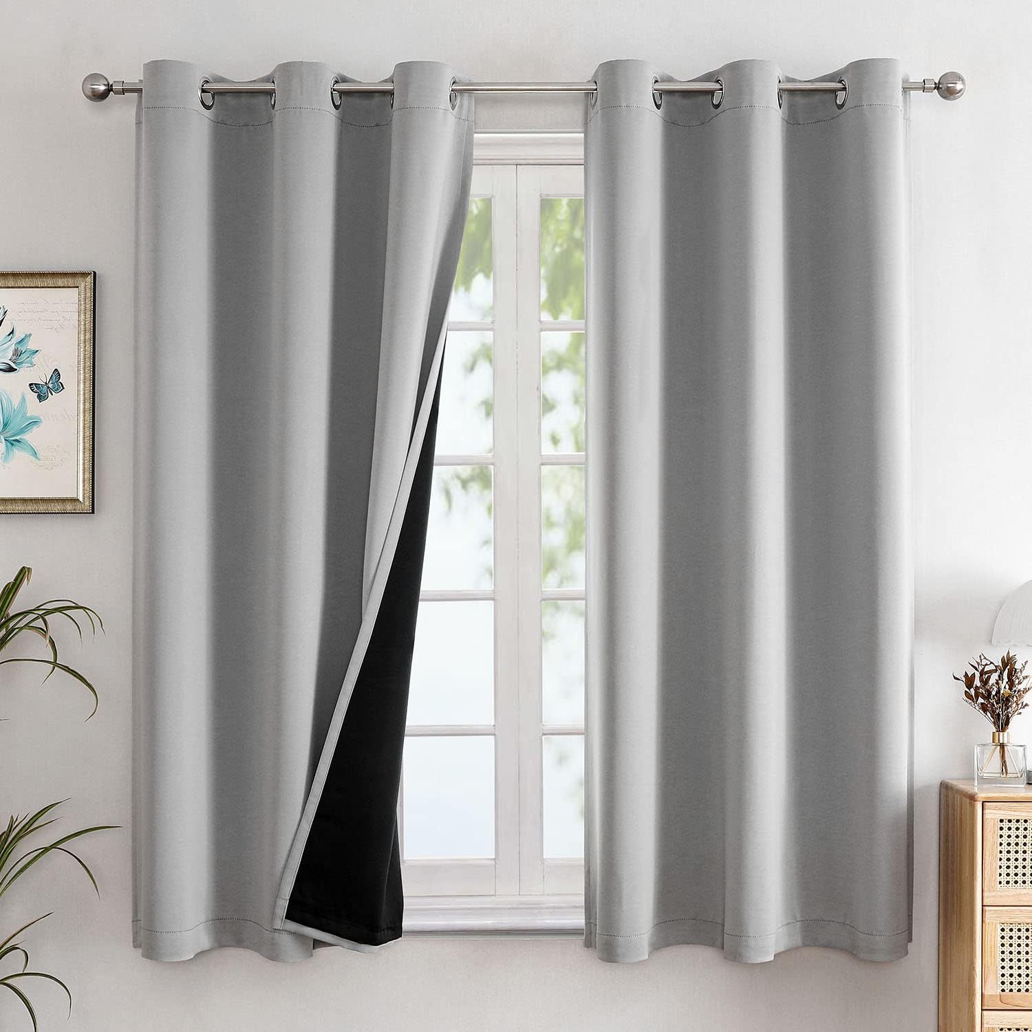 100% Blackout Curtains for Bedroom with Black Liner, 2 Thick Layers Total Blackout Thermal Insulated Grommet Window Curtains 63 Inch Length 2 Panels Set