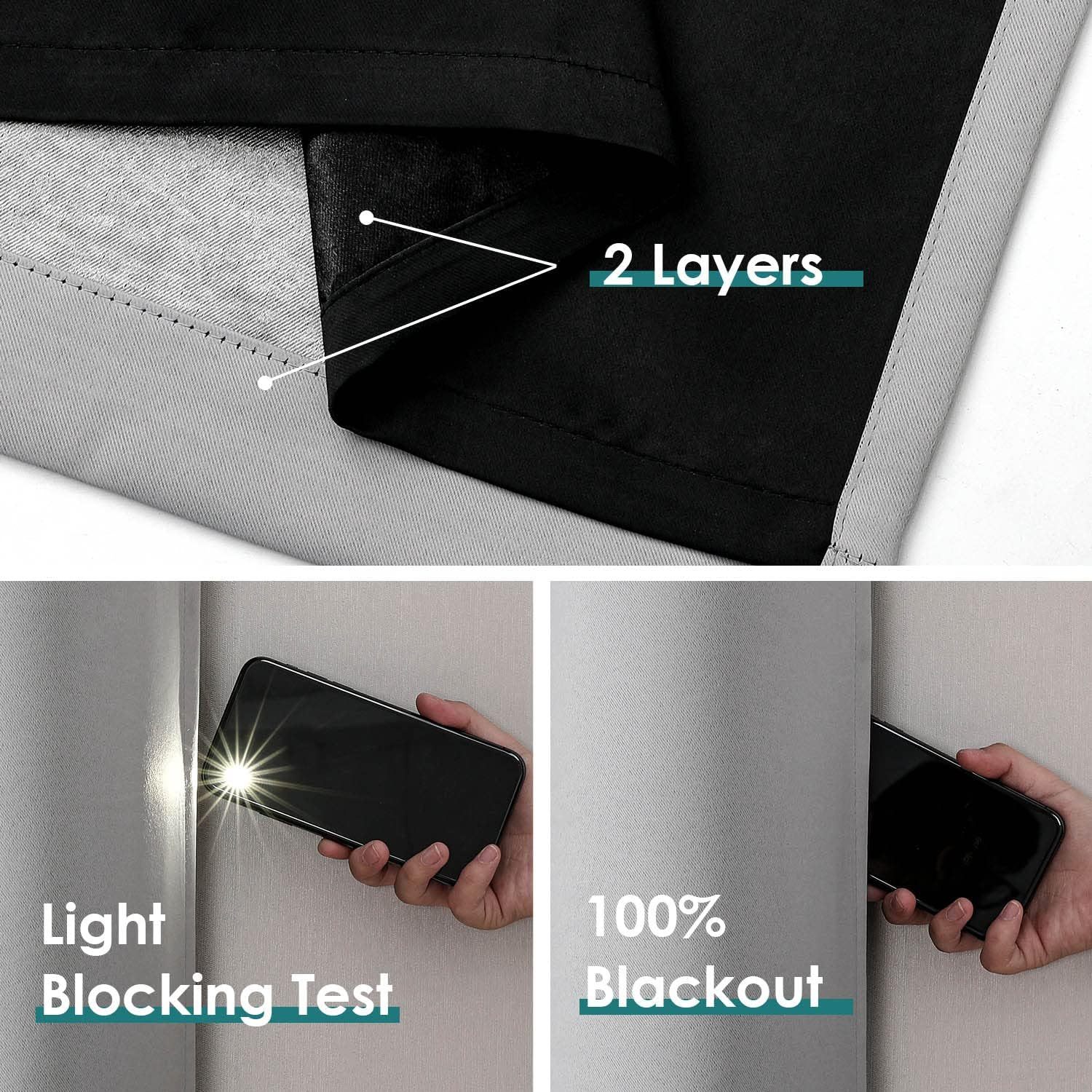 100% Blackout Curtains for Bedroom with Black Liner, 2 Thick Layers Total Blackout Thermal Insulated Grommet Window Curtains 63 Inch Length 2 Panels Set