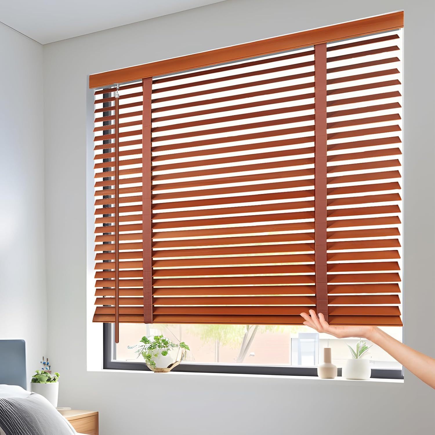 Cordless 2" Slats Wood Blinds for Indoor Windows with Classic Valance, Custom Room Darkening Solid Wooden Venetian Horizontal Blinds & Shades