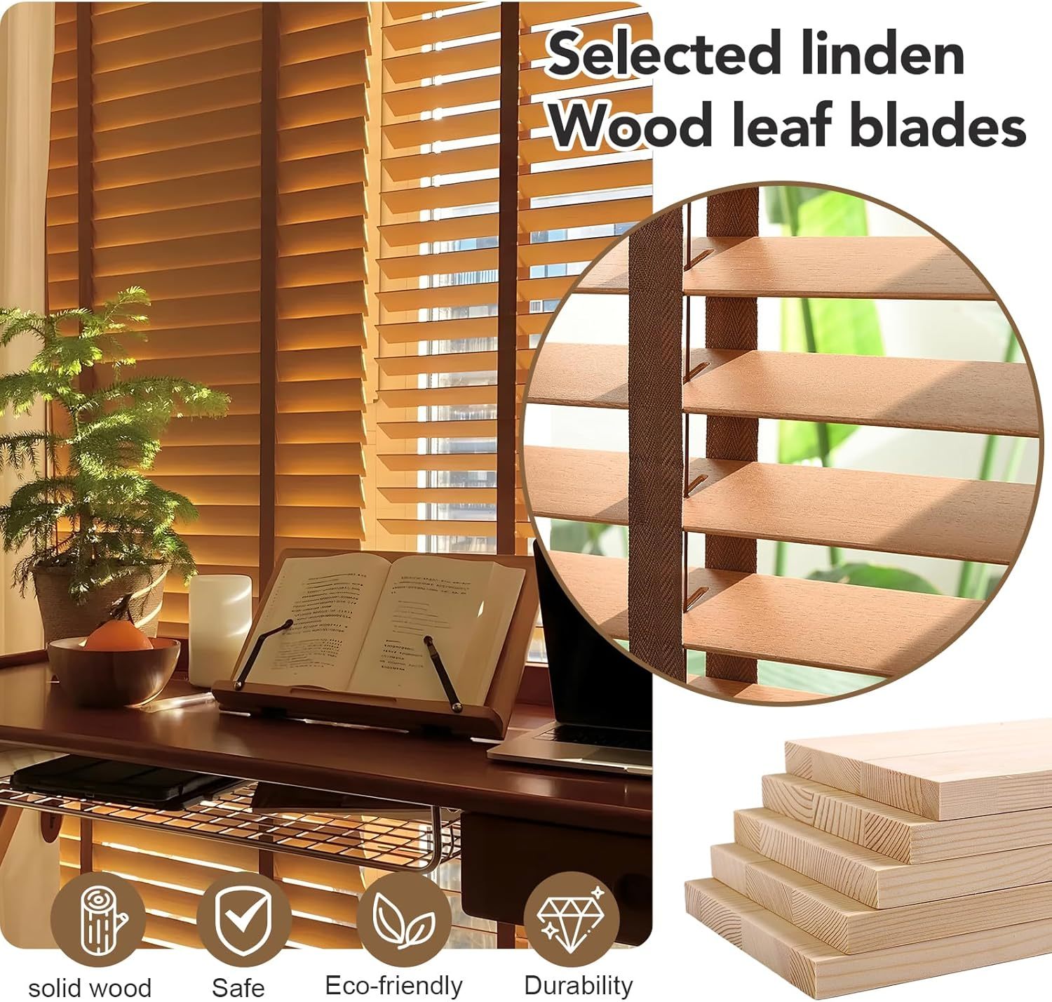 Cordless 2" Slats Wood Blinds for Indoor Windows with Classic Valance, Custom Room Darkening Solid Wooden Venetian Horizontal Blinds & Shades