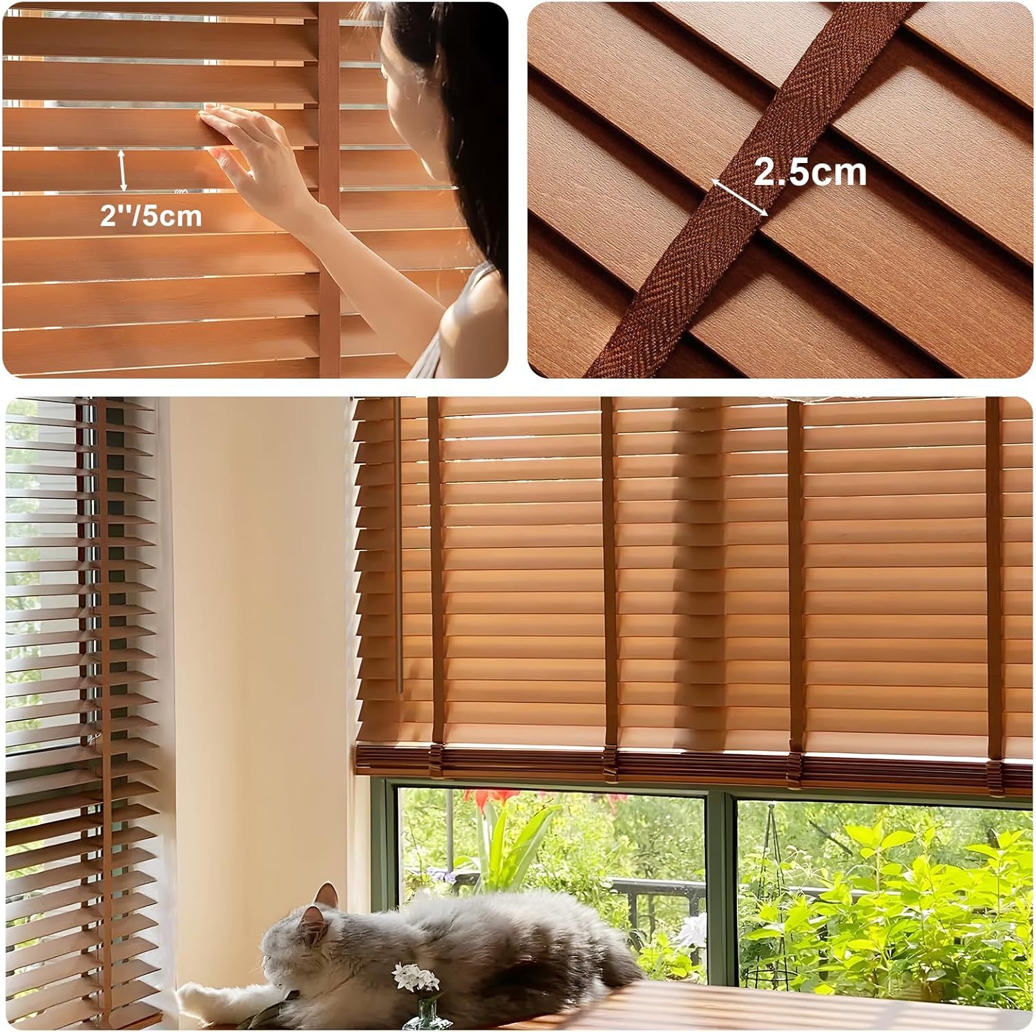 Cordless 2" Slats Wood Blinds for Indoor Windows with Classic Valance, Custom Room Darkening Solid Wooden Venetian Horizontal Blinds & Shades