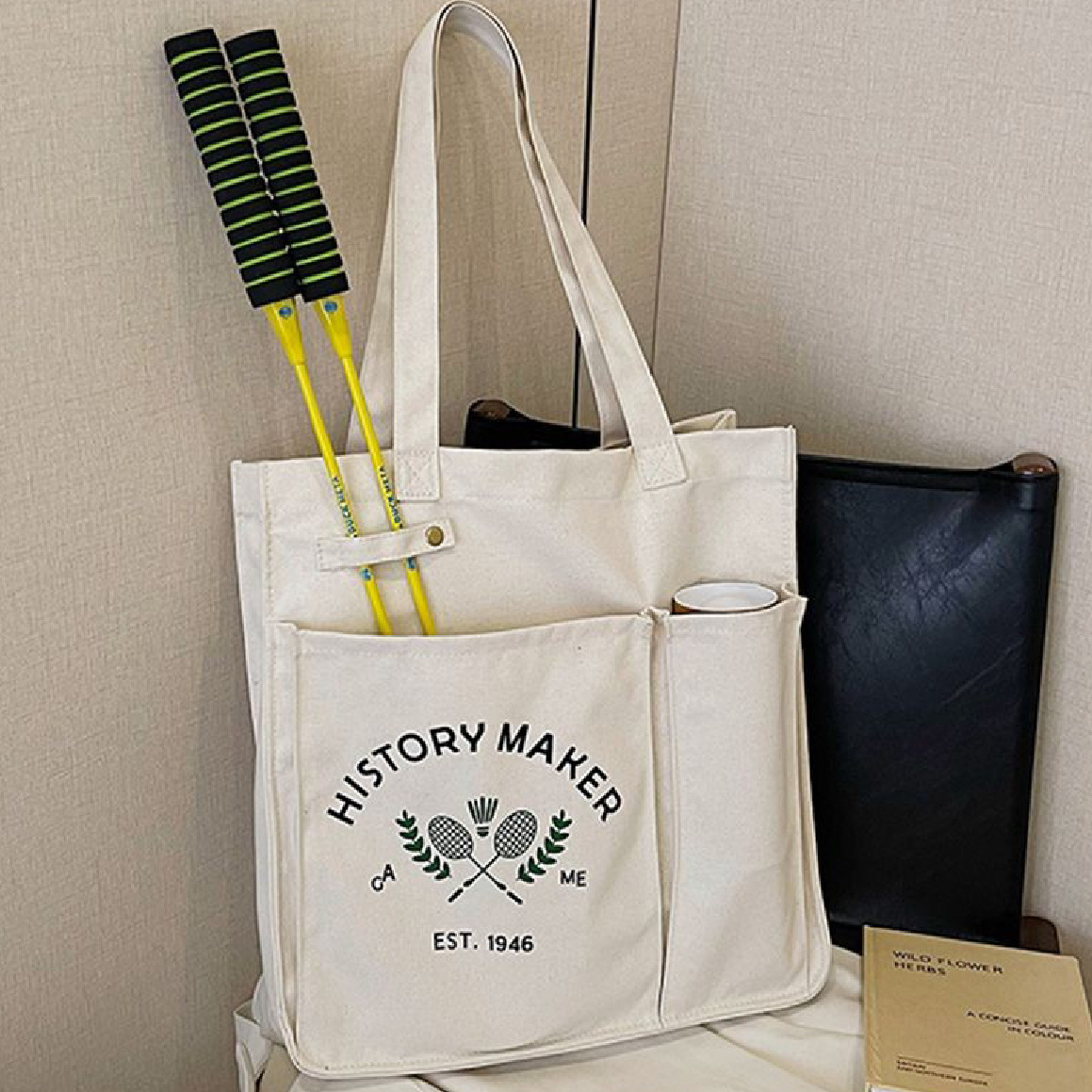 Canvas Bag with Custom Printed Pattern & Logo - Large-Capacity Badminton Bag, Sports Racket Bag, Storage Commuter Bag, Handheld & Single-Shoulder Style