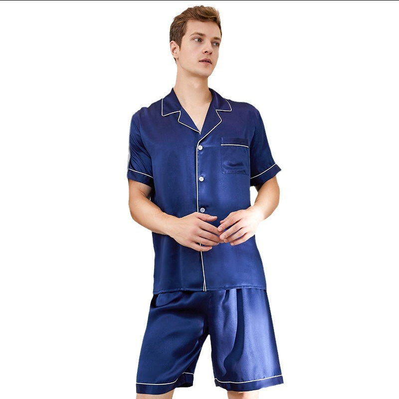 Luxury Men's 100% Pure Mulberry Silk Sleepwear Set, Short Sleeve Shirt + Shorts, Soft Summer Home Pajamas