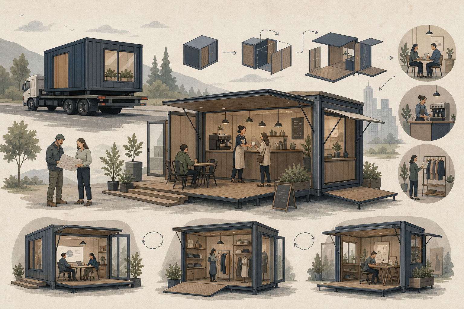 Editorial illustration for Portable Prefab Tiny House Designs for Flexible Business Use