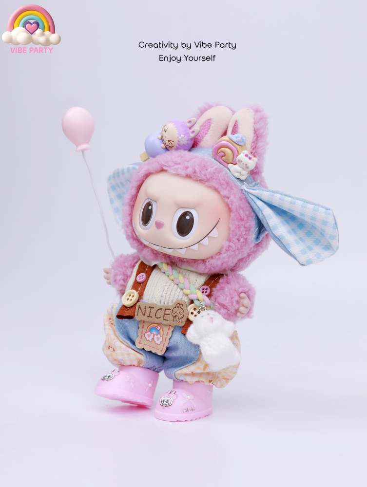 LBB Doll Clothes - Pink-Blue Plaid Cute Rabbit 6-Piece Set (Doll Not Included)