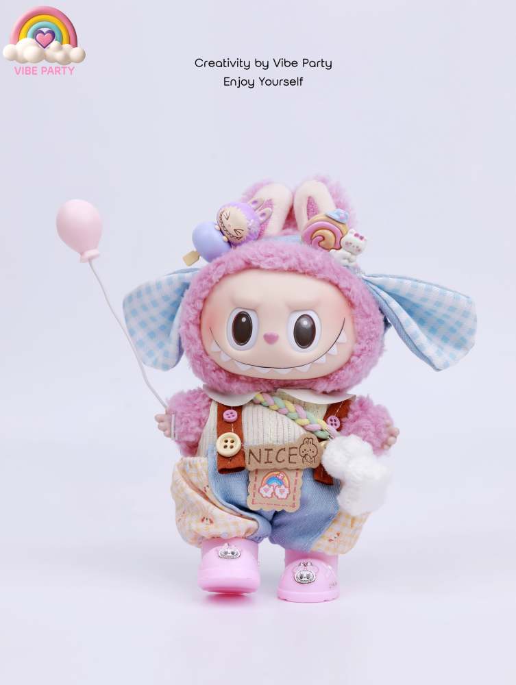 LBB Doll Clothes - Pink-Blue Plaid Cute Rabbit 6-Piece Set (Doll Not Included)
