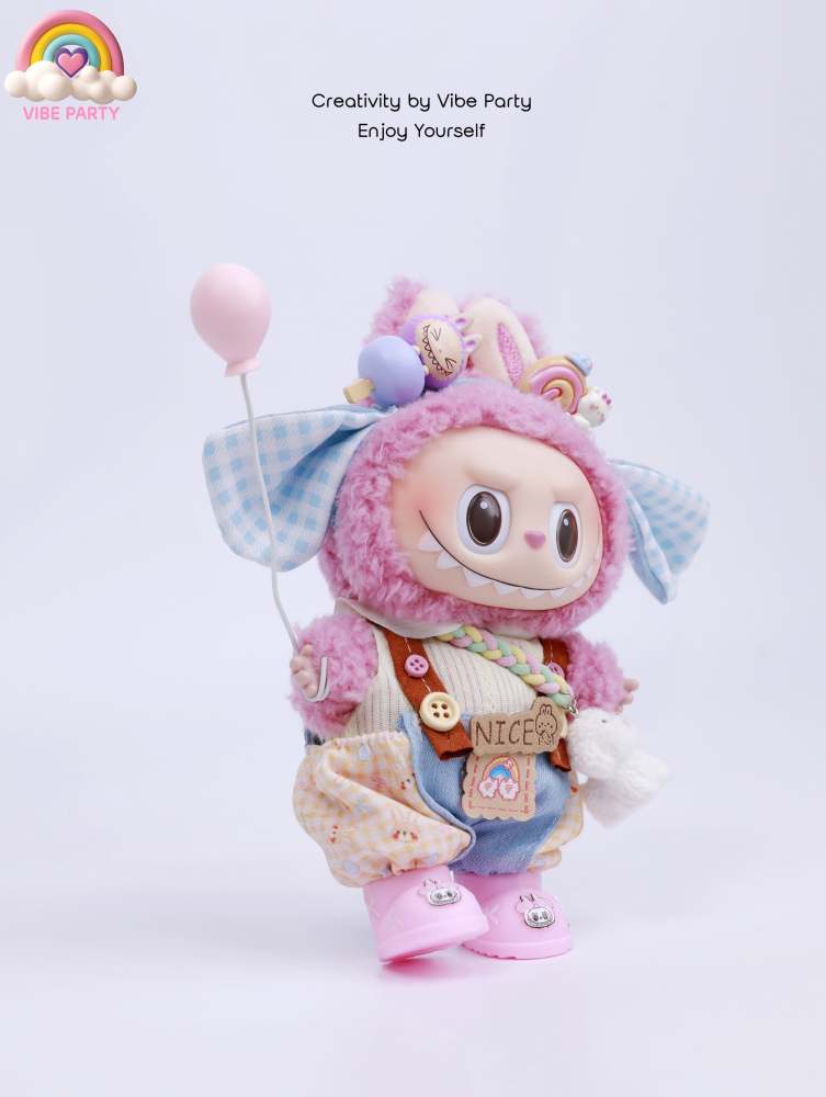 LBB Doll Clothes - Pink-Blue Plaid Cute Rabbit 6-Piece Set (Doll Not Included)