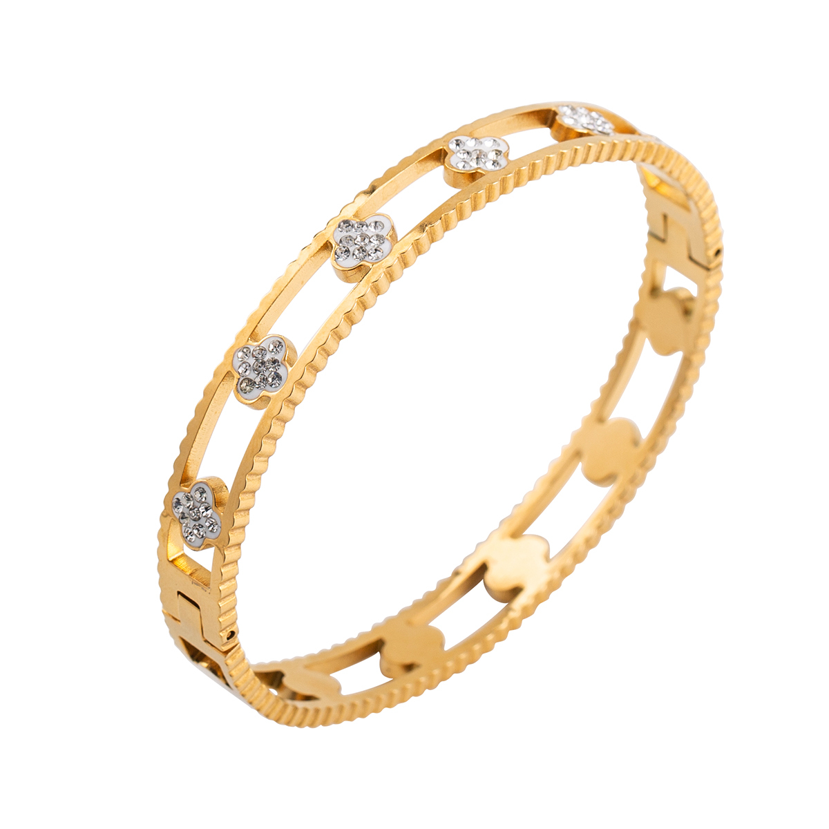 18K Gold Plated Stainless Steel Bangle Bracelet for Women, Hollow Flower CZ Inlaid Cuff Bracelet, Hypoallergenic Clasp ID Bangle Jewelry Gift