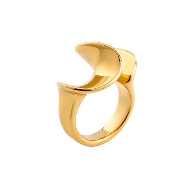 Abstract Wave Statement Ring for Women, 18K Gold PVD Plated Stainless Steel Wide Band Finger Ring, Minimalist Designer Look Jewelry