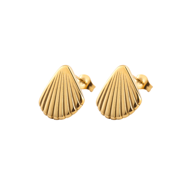 18K Gold Plated Stainless Steel Stud Earrings for Women, Anti-Allergy Dainty Shell Textured Geometric Fan Shape Minimalist Jewelry Gift