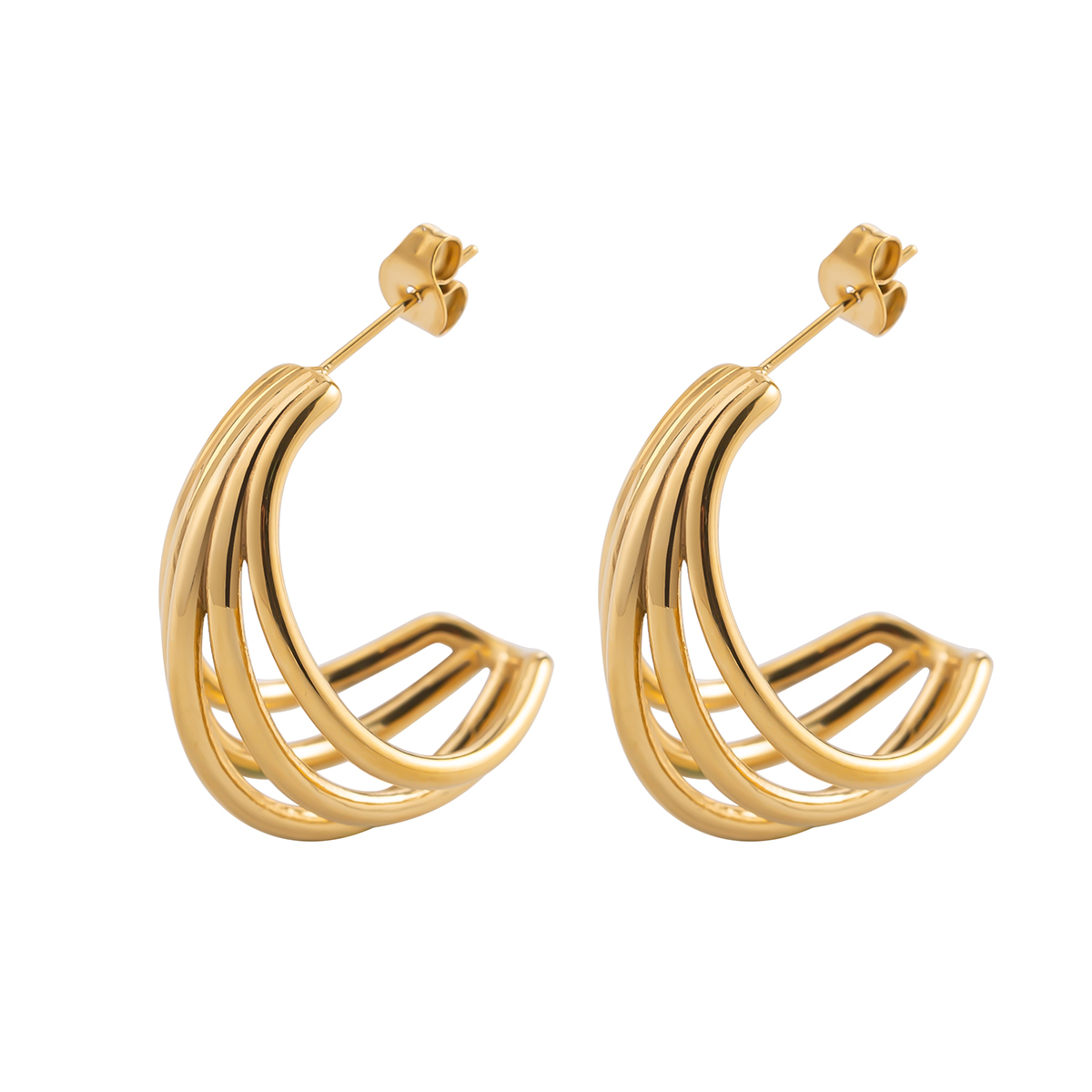 Chunky Multi-Layered Stainless Steel Hoop Earrings for Women, 18K Gold Plated Waterproof Thick Wide C-Shaped Statement Jewelry