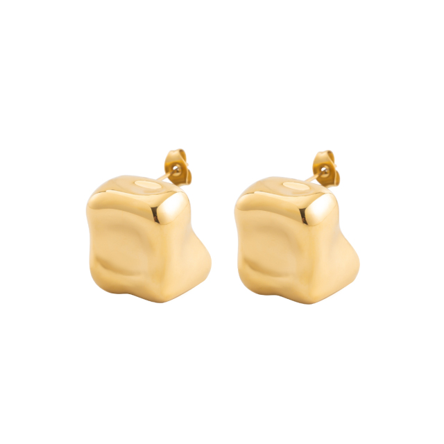 18K Gold Plated Stainless Steel Irregular Square Chunky Stud Earrings, 19.4mm x 17.5mm Geometric Puffy Statement Earrings, Non Tarnish Hypoallergenic Jewelry Gift