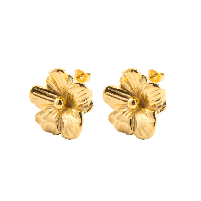 Chunky Flower Stud Earrings for Women, 18K Gold Vacuum Plated Stainless Steel, Hypoallergenic Floral Statement Jewelry, 24.1mm Textured Petals, Tarnish-Resistant Gift