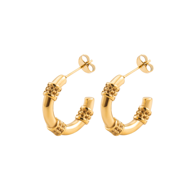 18K Gold Plated Stainless Steel C Hoop Earrings for Women, Dainty Hypoallergenic Textured Huggie Earrings, Water Resistant Half Moon Studs