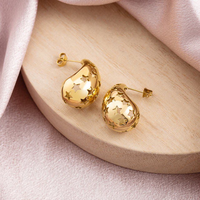 18K Gold PVD Plated Stainless Steel Hollow Star Drop Earrings for Women, Waterproof Tarnish Free Crescent Studs, Hypoallergenic Trendy Jewelry