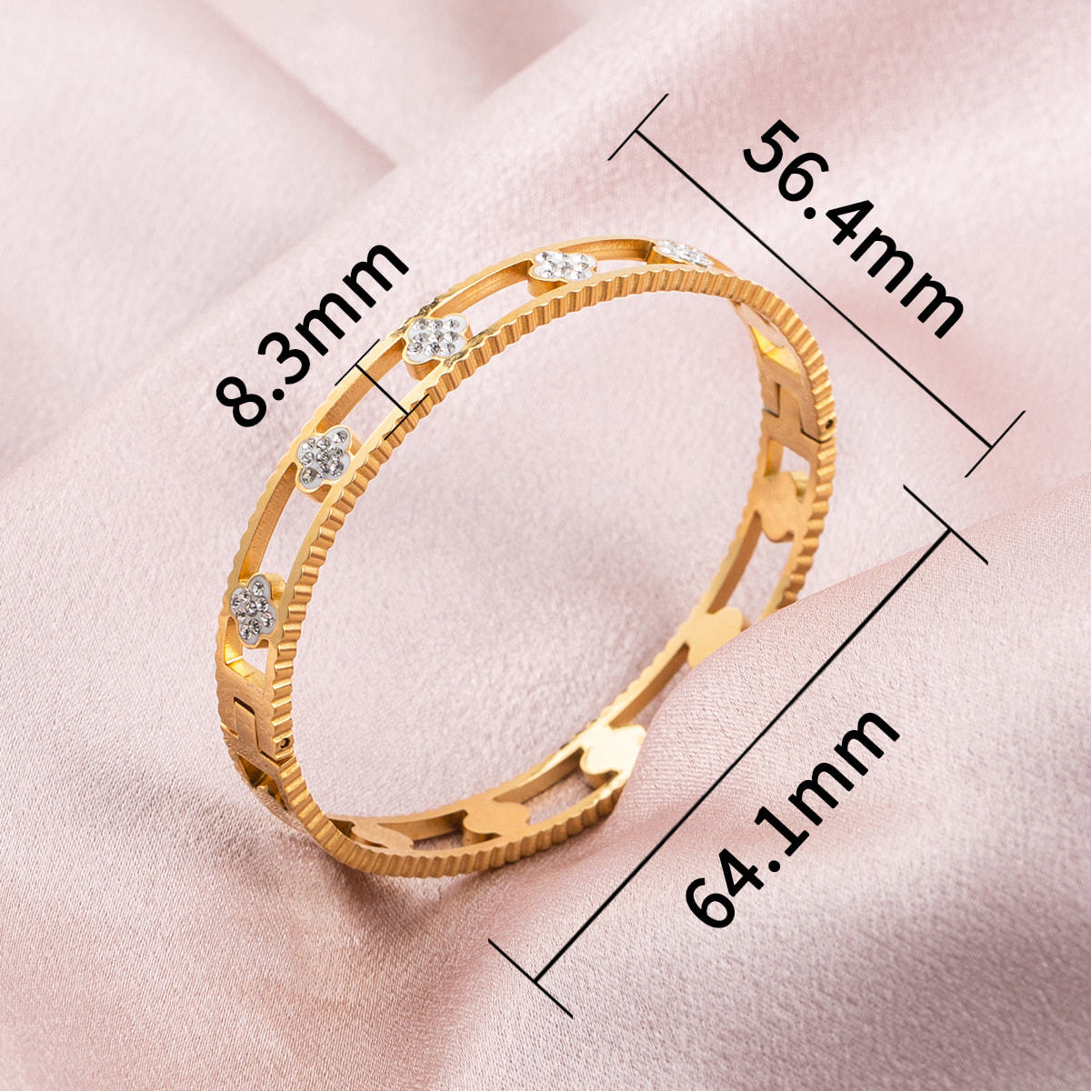 18K Gold Plated Stainless Steel Bangle Bracelet for Women, Hollow Flower CZ Inlaid Cuff Bracelet, Hypoallergenic Clasp ID Bangle Jewelry Gift