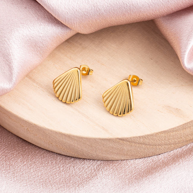 18K Gold Plated Stainless Steel Stud Earrings for Women, Anti-Allergy Dainty Shell Textured Geometric Fan Shape Minimalist Jewelry Gift