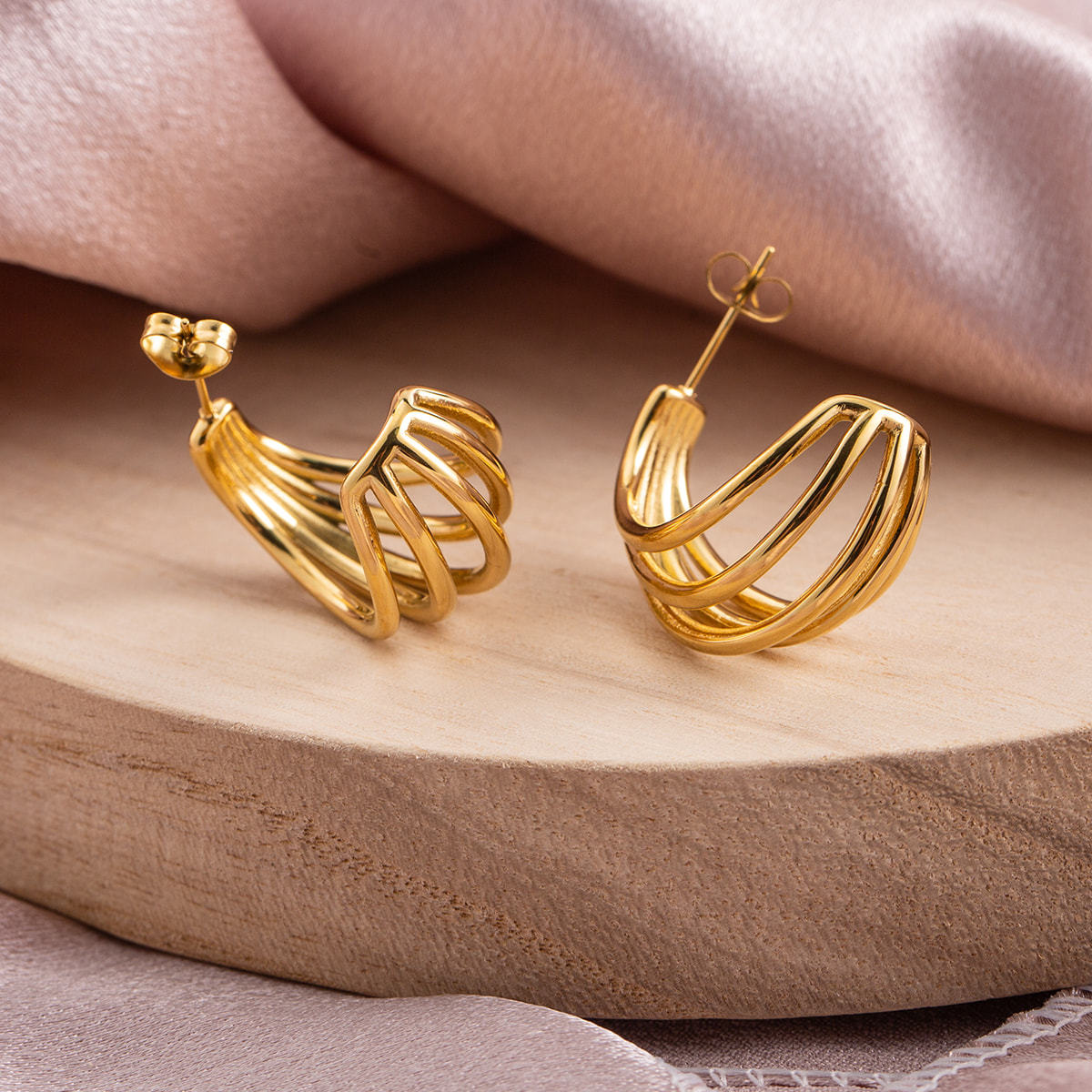 Chunky Multi-Layered Stainless Steel Hoop Earrings for Women, 18K Gold Plated Waterproof Thick Wide C-Shaped Statement Jewelry