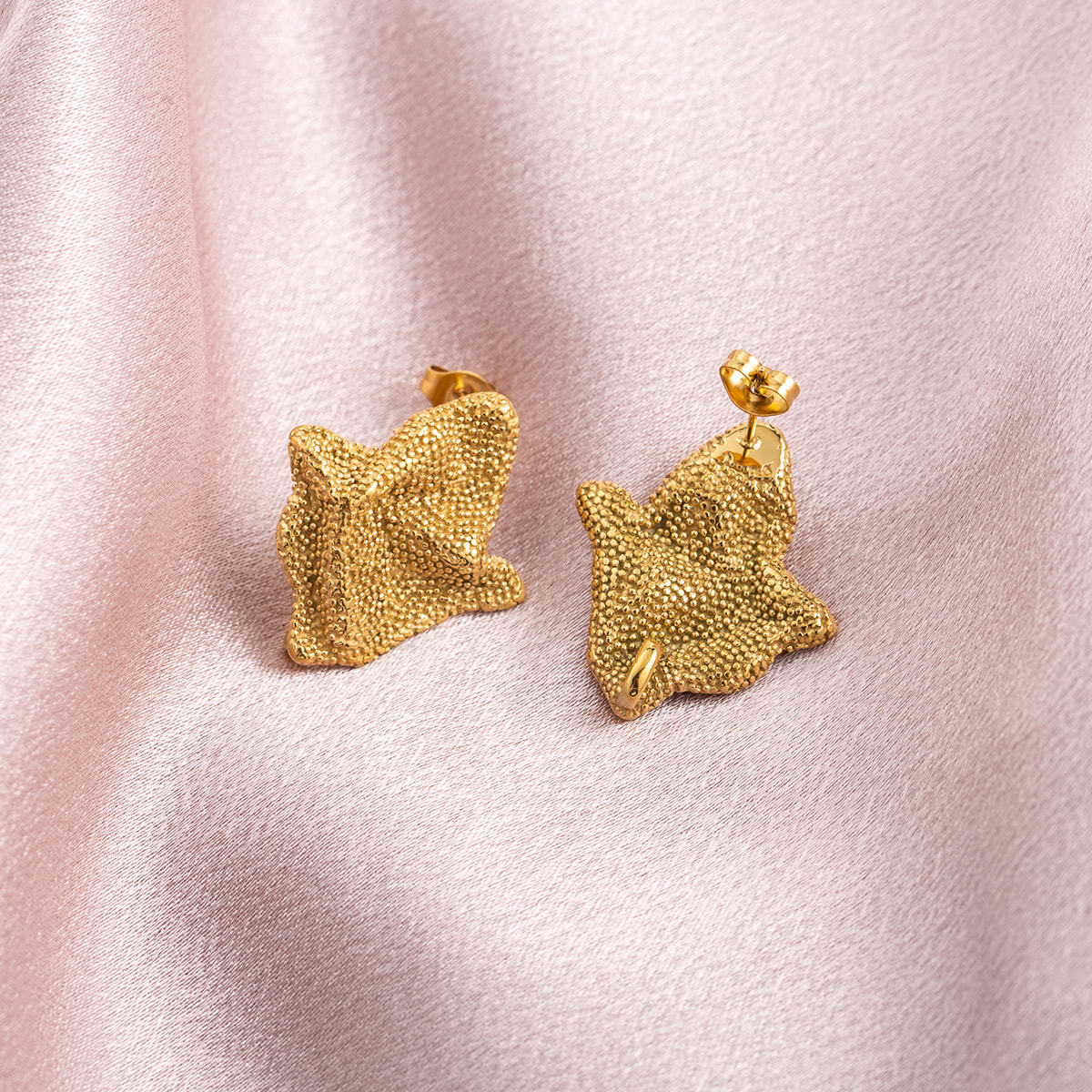 18K Gold Plated Stainless Steel Starfish Stud Earrings for Women, Trendy Textured Irregular Statement Earrings Hypoallergenic Jewelry
