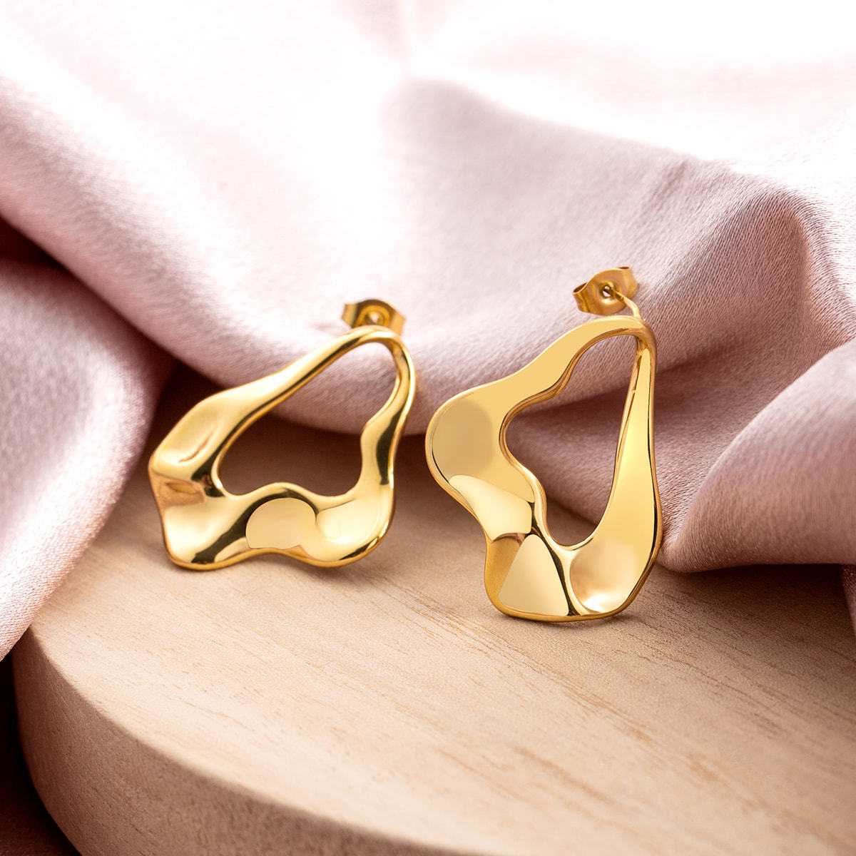 18K Gold Plated Stainless Steel Irregular Drop Stud Earrings for Women, Abstract Fluid Trendy Statement Jewelry