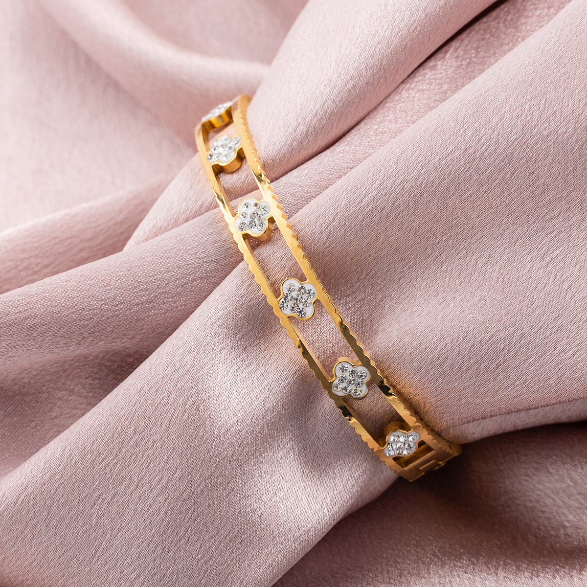 18K Gold Plated Stainless Steel Bangle Bracelet for Women, Hollow Flower CZ Inlaid Cuff Bracelet, Hypoallergenic Clasp ID Bangle Jewelry Gift