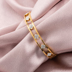 18K Gold Plated Stainless Steel Bangle Bracelet for Women, Hollow Flower CZ Inlaid Cuff Bracelet, Hypoallergenic Clasp ID Bangle Jewelry Gift