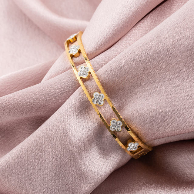 18K Gold Plated Stainless Steel Bangle Bracelet for Women, Hollow Flower CZ Inlaid Cuff Bracelet, Hypoallergenic Clasp ID Bangle Jewelry Gift